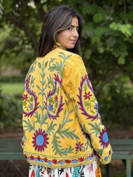 Womens Yellow Velvet Embroidered Jacket with Floral Design